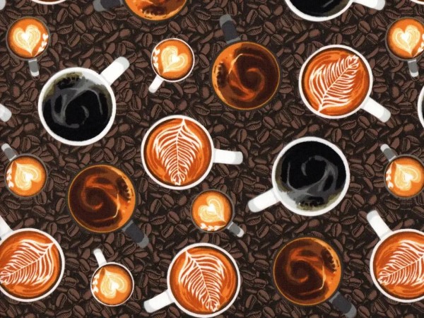 Baumwollstoff Kaffeetassen braun - Coffee Shop