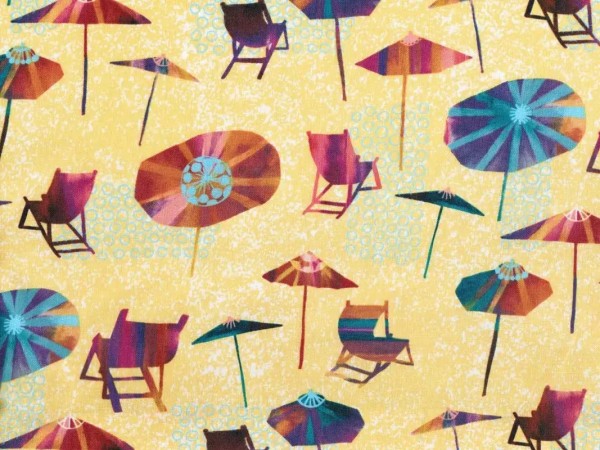 Baumwollstoff Sonnenschirme Liegestühle Strand Gelb - Sunnyside