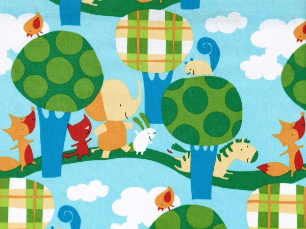 Baumwollstoff Tiere und Bäume Hellblau/Bunt - Play Date