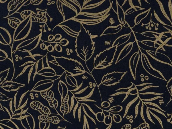 Baumwollstoff Blätter Zweige Nachtblau/Gold - Moody Bloom
