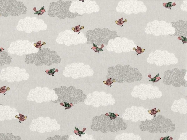 Baumwollstoff Wolken Vögel Grau - Doodle Days
